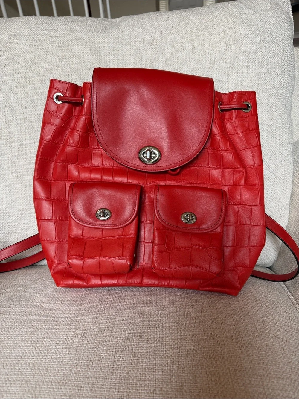 Bold Red Faux-Croc Backpack with Front Pockets Coach